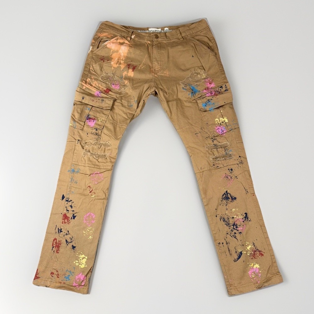 FWRD Denim Cargo Pants Mens 40 Tan Paint Splatter Distressed Khaki Straight Leg